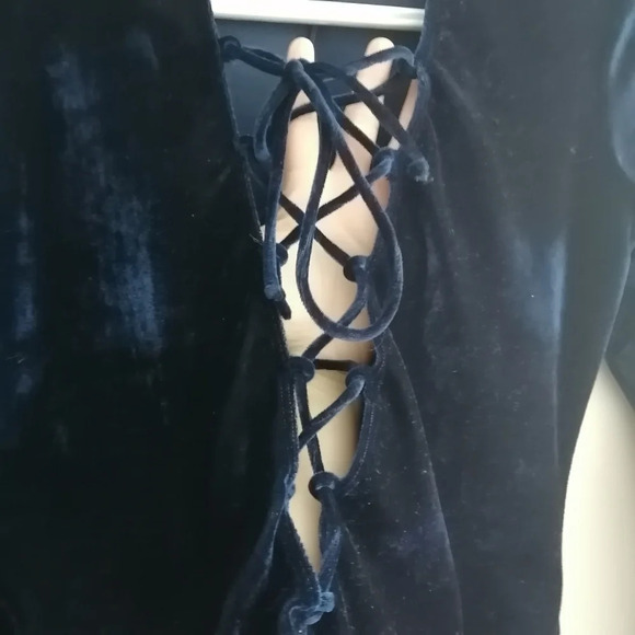 Reformation  Avalon Blue Velvet Lace Up Front Bodysuit Plunging V-Neck XS - Picture 9 of 16